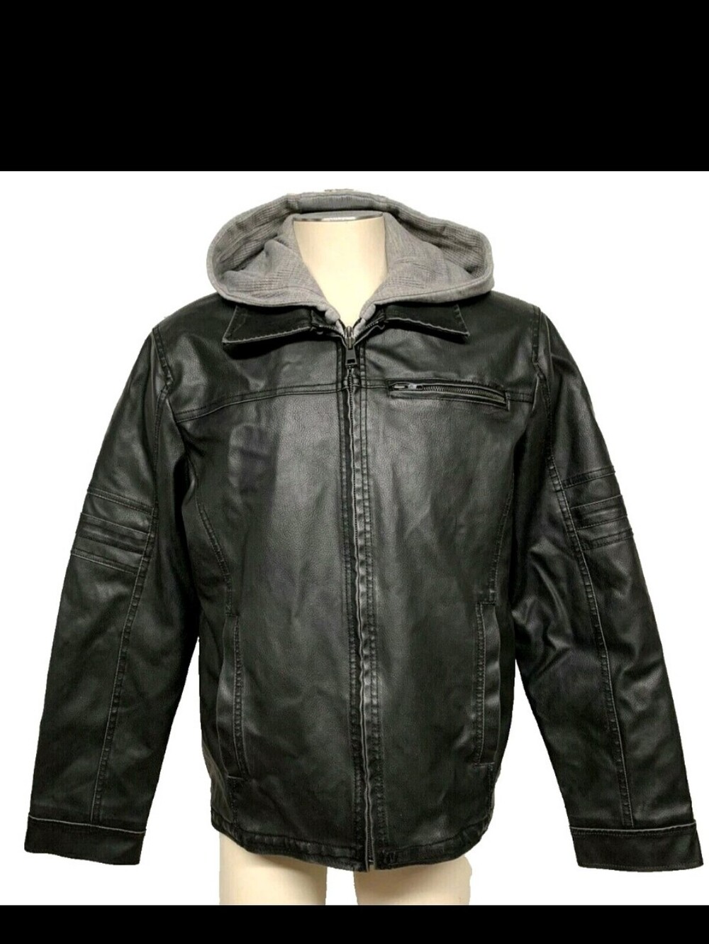 Black Rivet Men's L Faux Leather Bomber Motorcycle Jacket With Hood Layered Look